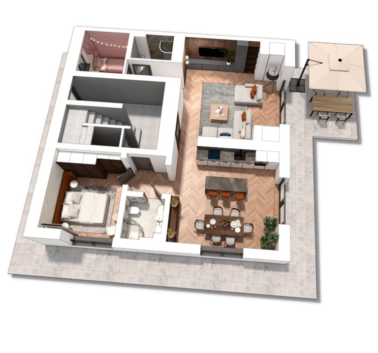 Rzut 3D apartamentu na sprzedaż. Mieszkanie z tarasem