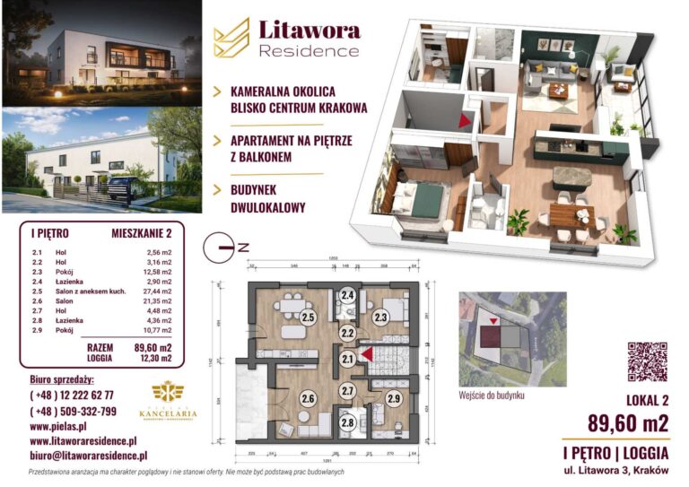 Karta lokalu pokazująca plan mieszkania z meblami