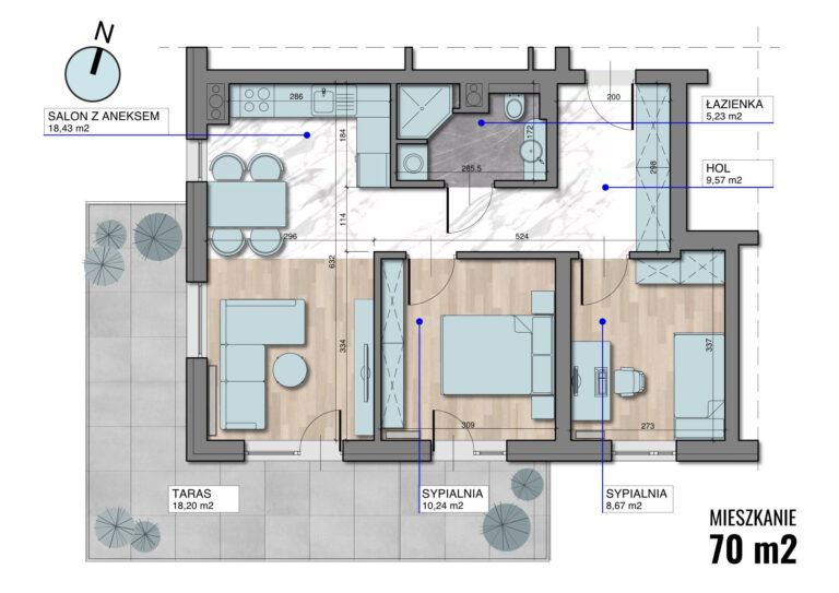 Rzut 2D apartamentu na sprzedaż z wymiarami