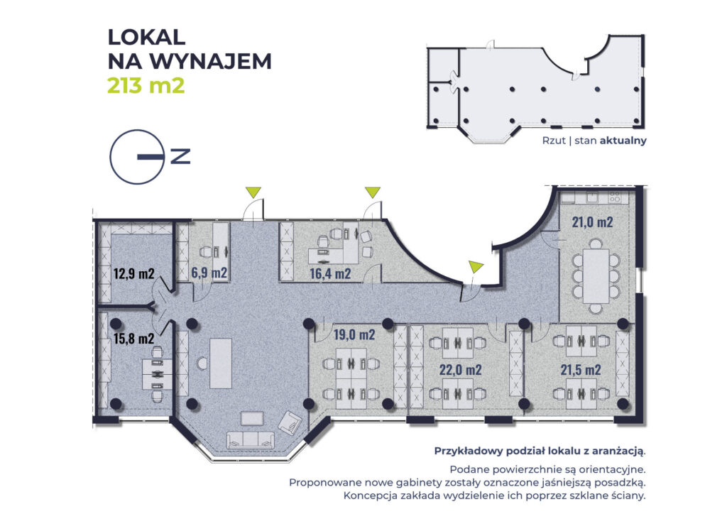 Plan lokalu z podziałem na mniejsze pokoje