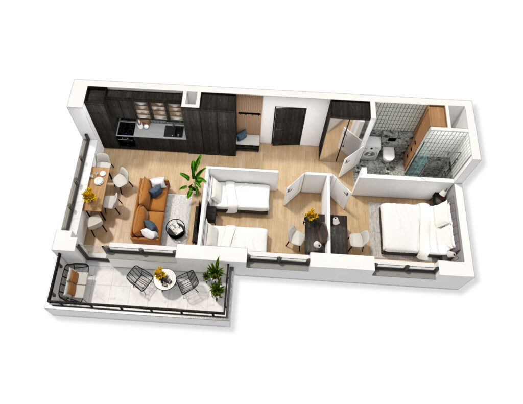 Rzut 3D nieruchomości z meblami