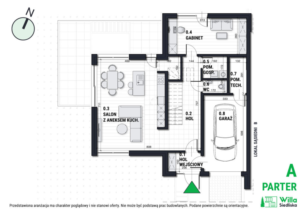 Rysunek 2D domu w zabudowie bliźniaczej