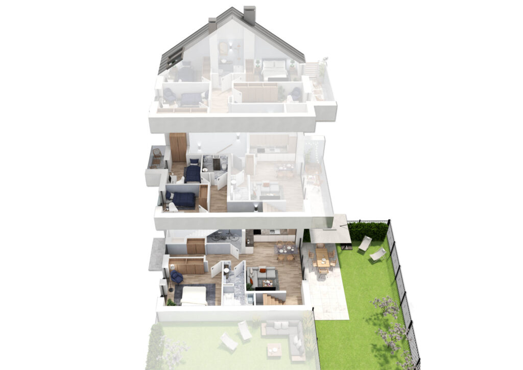 Wizualizacja domu mieszkalnego z dwoma lokalami i ogrodem