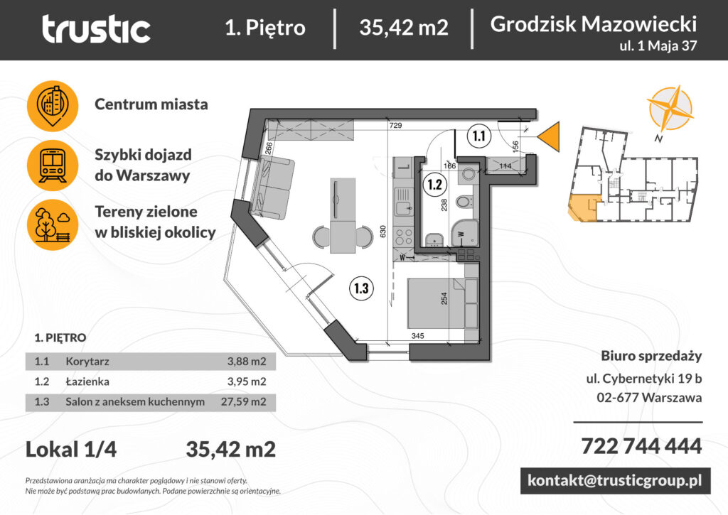 Karta mieszkania — rzut 2D mieszkania z wymiarami i meblami