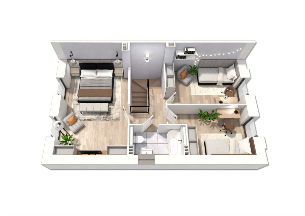 Rzut 3D mieszkania dla dewelopera — wizualizacja projektu wnętrza