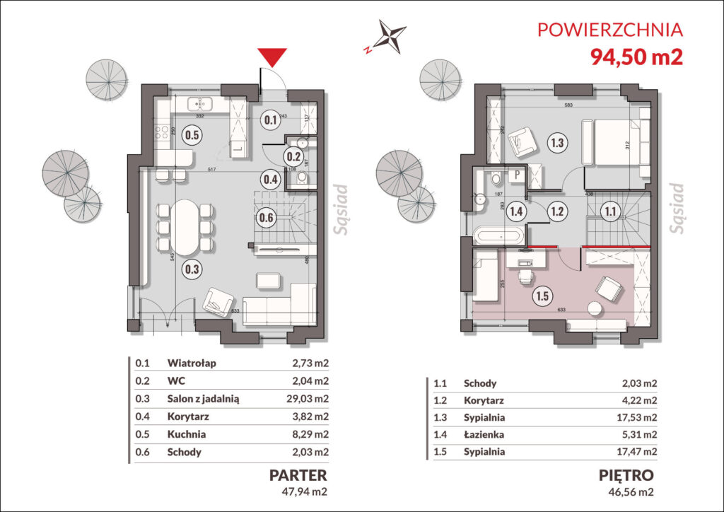 Rzuty 2D domu dwukondygnacyjnego z wymiarami i zestawieniem powierzchni.