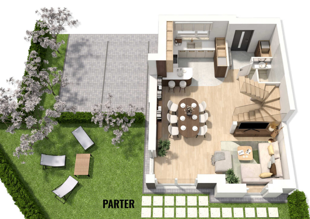 Rzut 3D mieszkania z ogrodem od dewelopera.