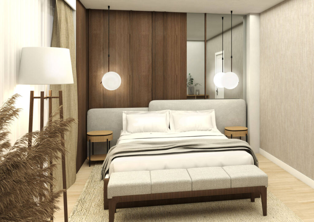 Projekt inwestycyjny - wizualizacja sypialni w stylu japandi.
