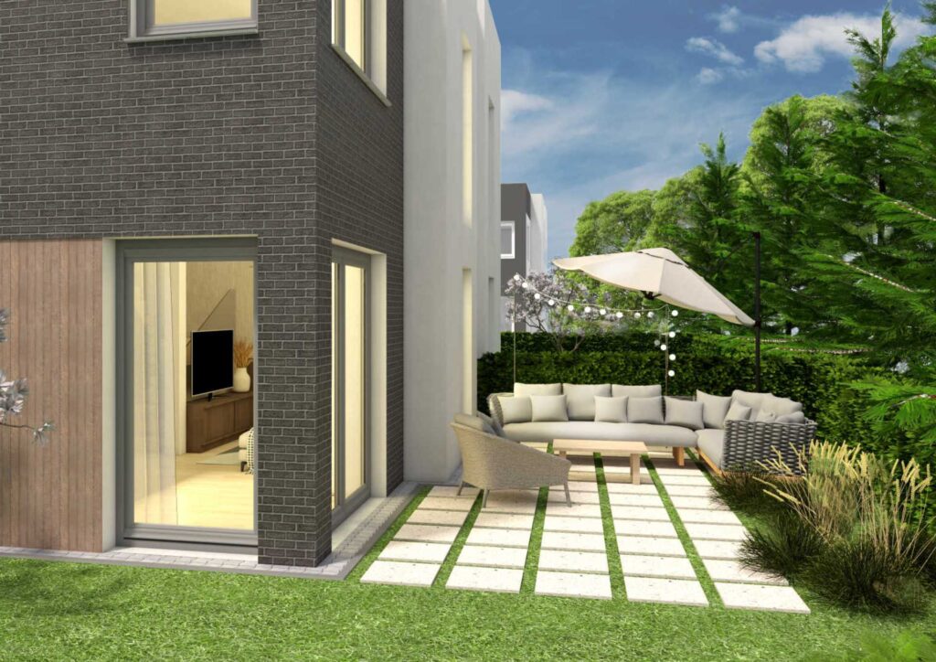 Wizualizacja domu z ogrodem na sprzedaż.