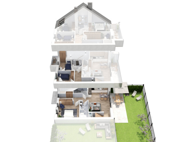 Wizualizacja domu mieszkalnego z dwoma lokalami i ogrodem