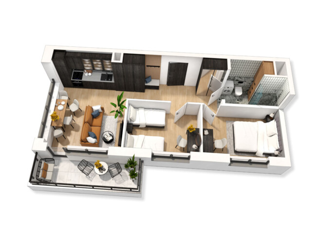 Rzut 3D nieruchomości z meblami